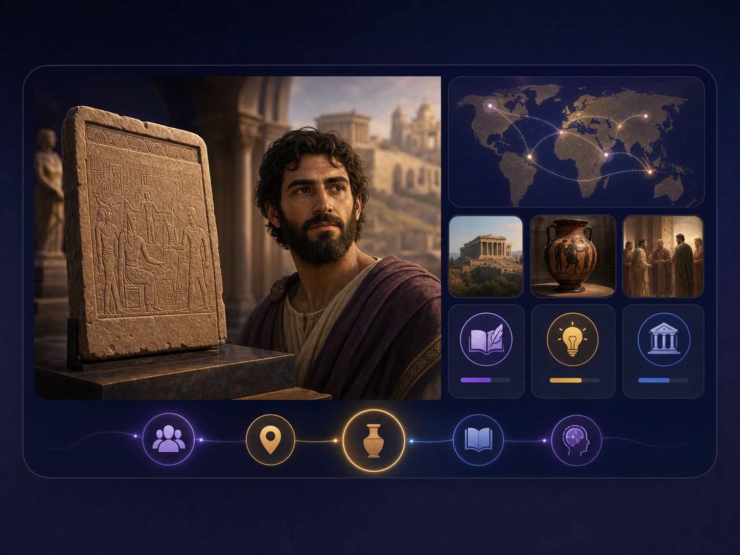 A dark learning interface showing an artifact, portrait, context cards, and map connections.