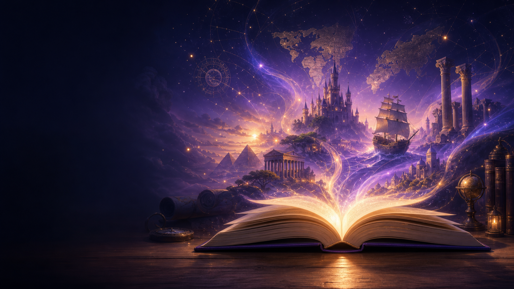 A glowing open storybook with history, culture, maps, and story worlds rising from the pages.