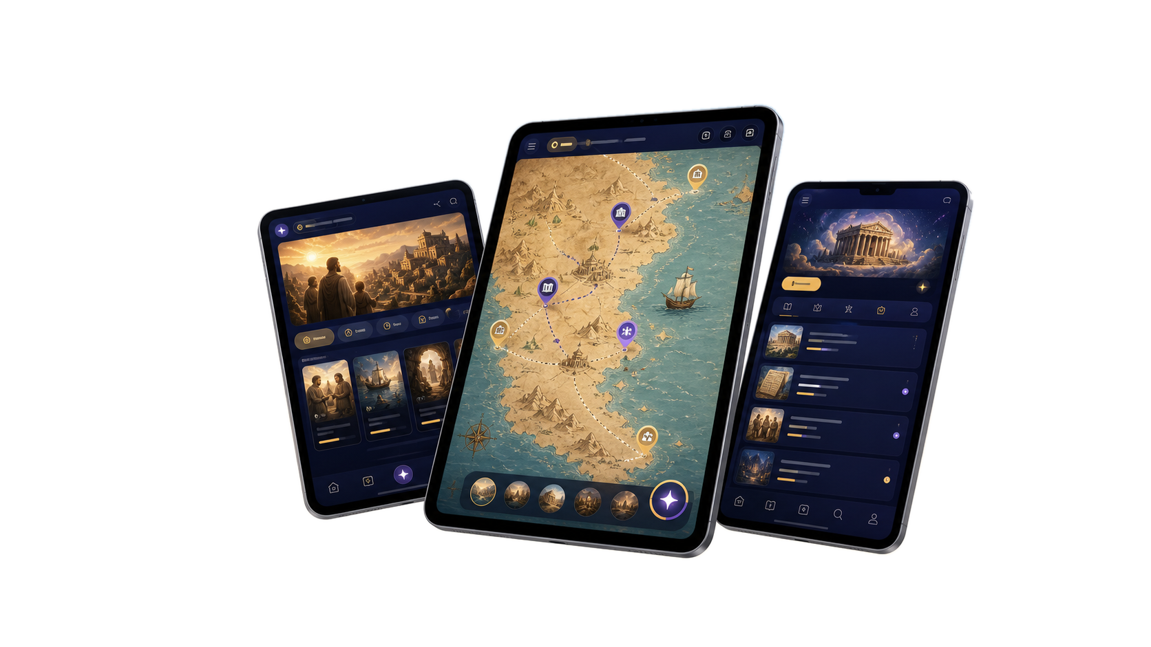 Three SparkTales app mockups showing a story library, interactive map, and learning curator interface.
