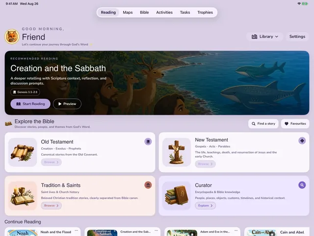 Storybook Bible on iPad, with stories to read and places to explore.