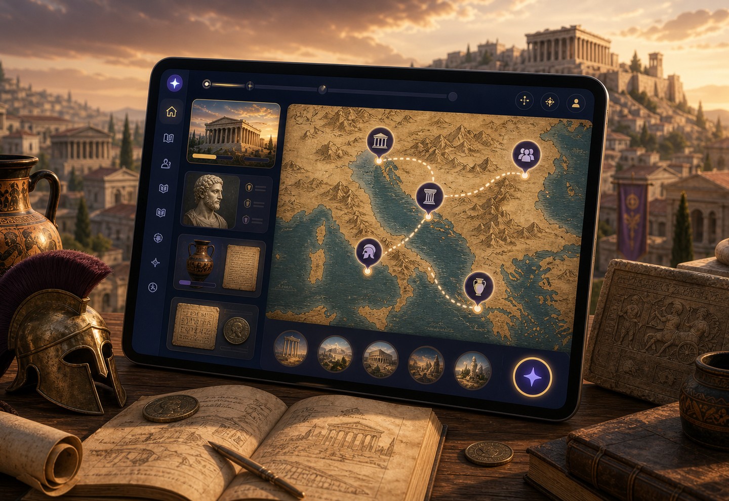 A classical ancient city and museum artifacts with subtle learning interface details.