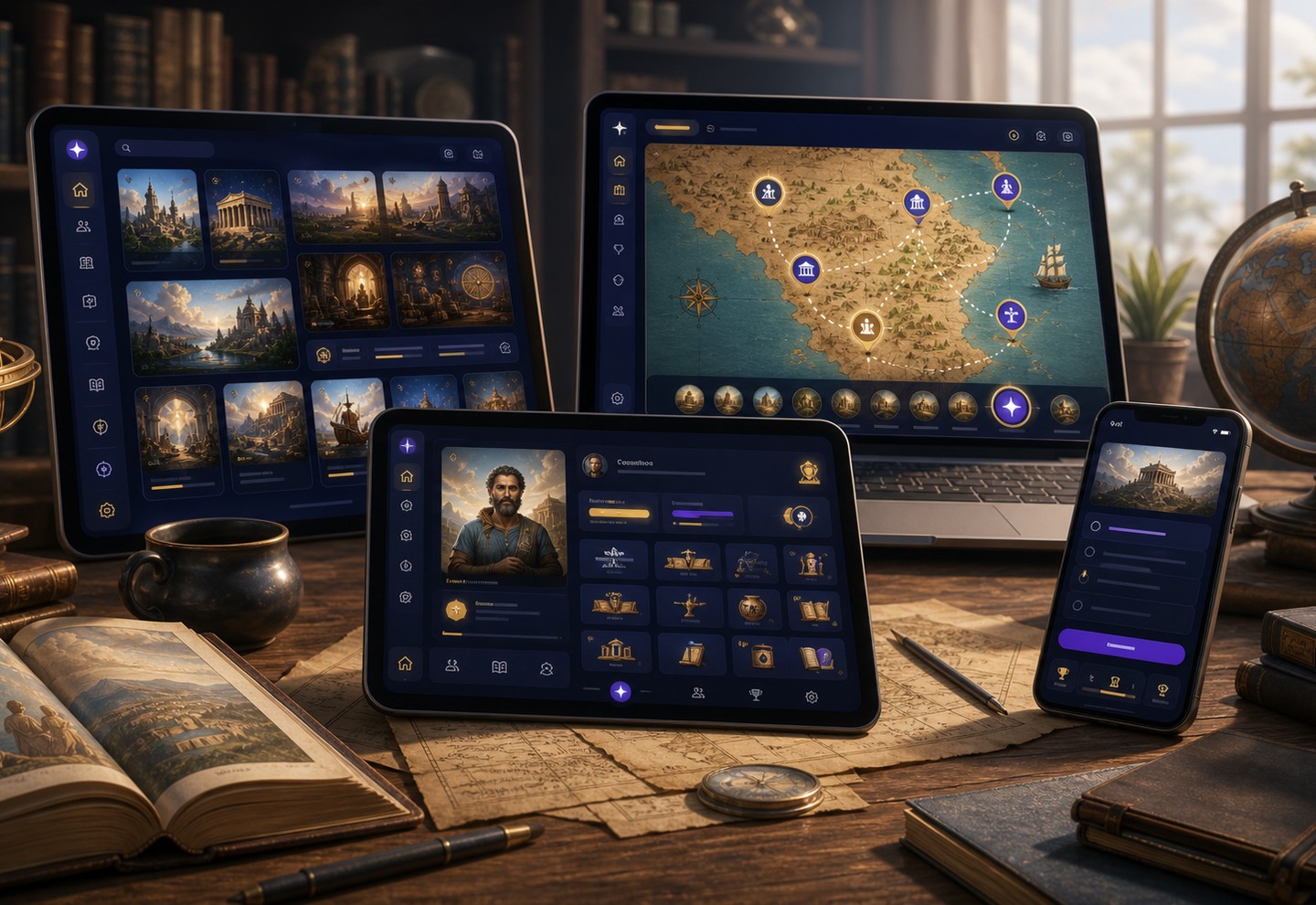 Multiple SparkTales platform screens showing reading, maps, curator, and activity tools.
