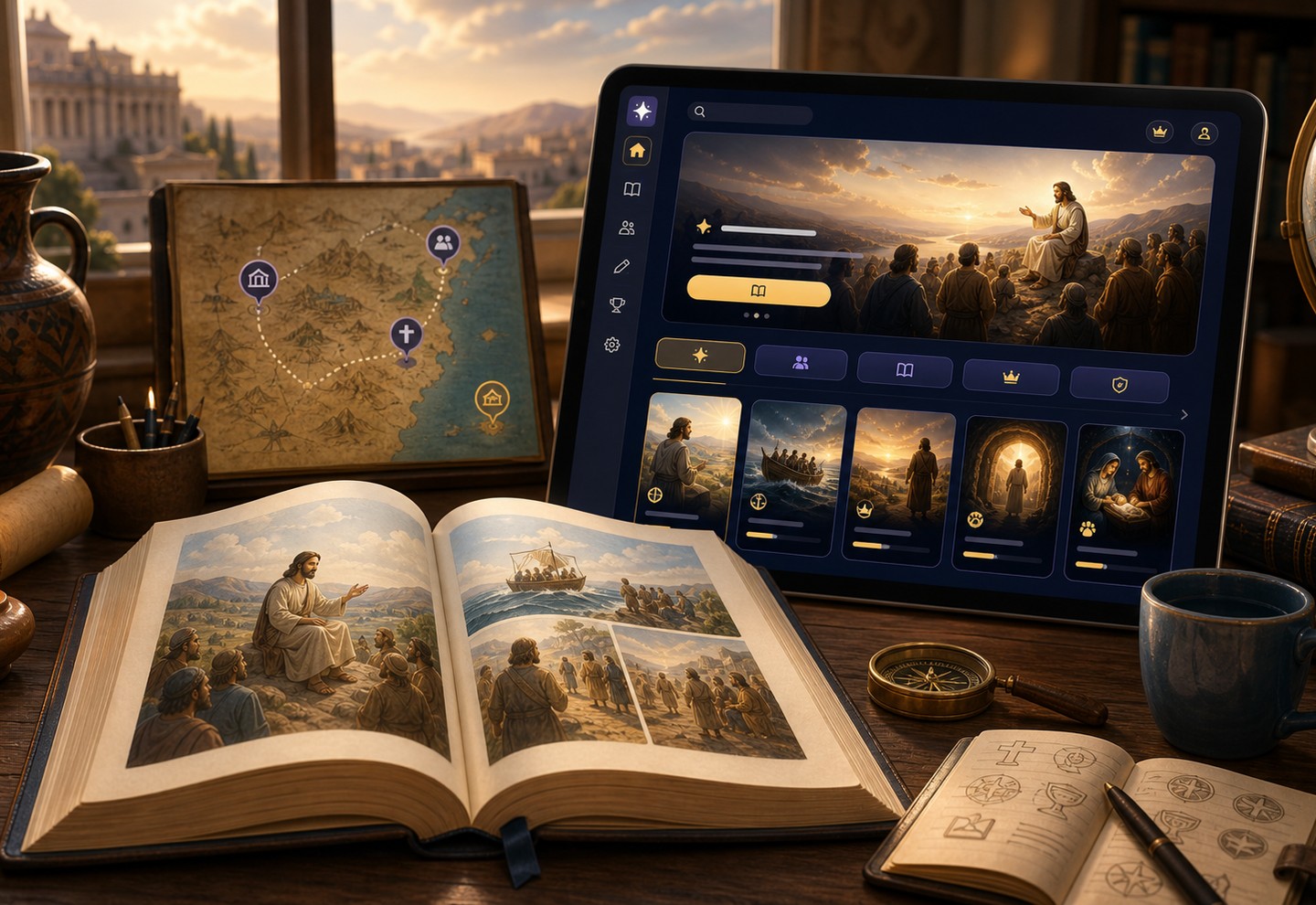 A warm Storybook Bible app world with an open storybook and ancient landscape.